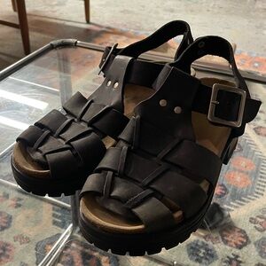 Vintage 90s 9&Co Black Leather Chunky Fisherman Sandals Platform